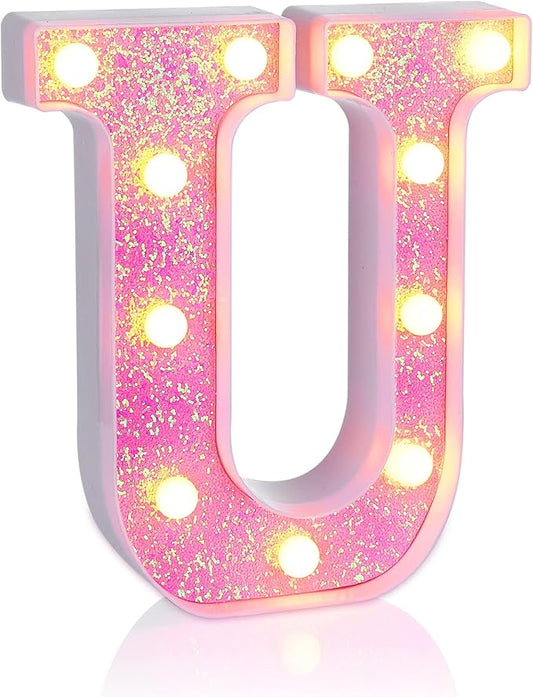 Foaky Pink Light up Letters，Pink Party Decorations,Girls Room Decor,Glitter Light Up Letters,Alphabet Letter Sign for Night Light Birthday Party Girls Gifts, Home Bar Decoration（U）