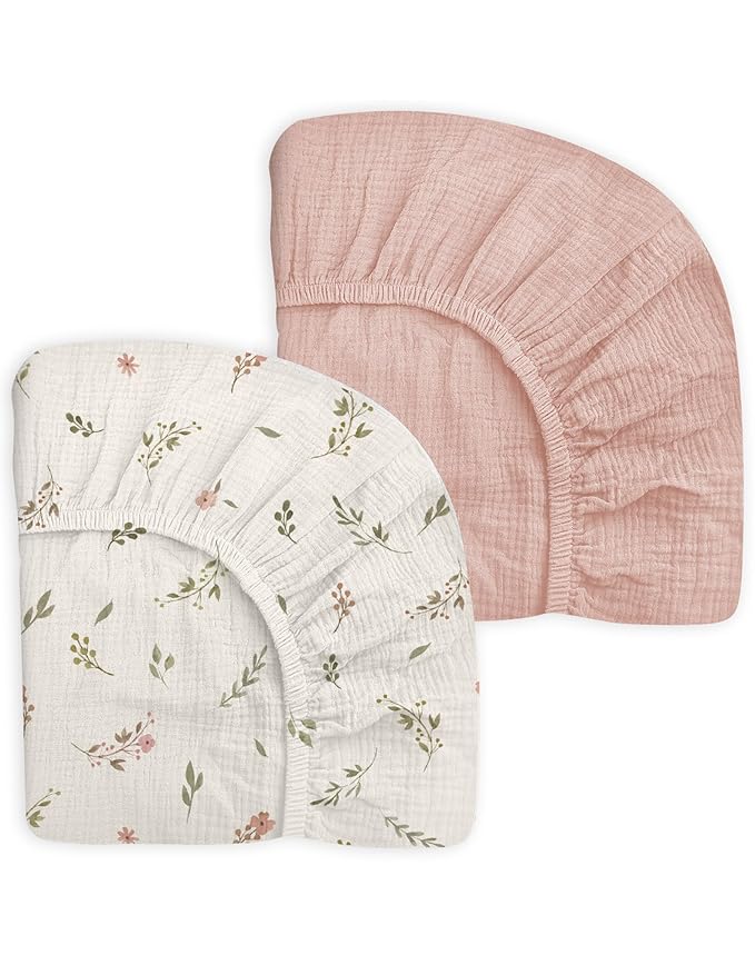 Pack and Play Sheets for Baby Boy and Girl 2 Pack, Neutral Muslin Cotton Pack N Play Mattresses Sheet 27"x39", Muslin Nursery Bedding Soft and Breathable Comfort (Petal Leaf & Pink)