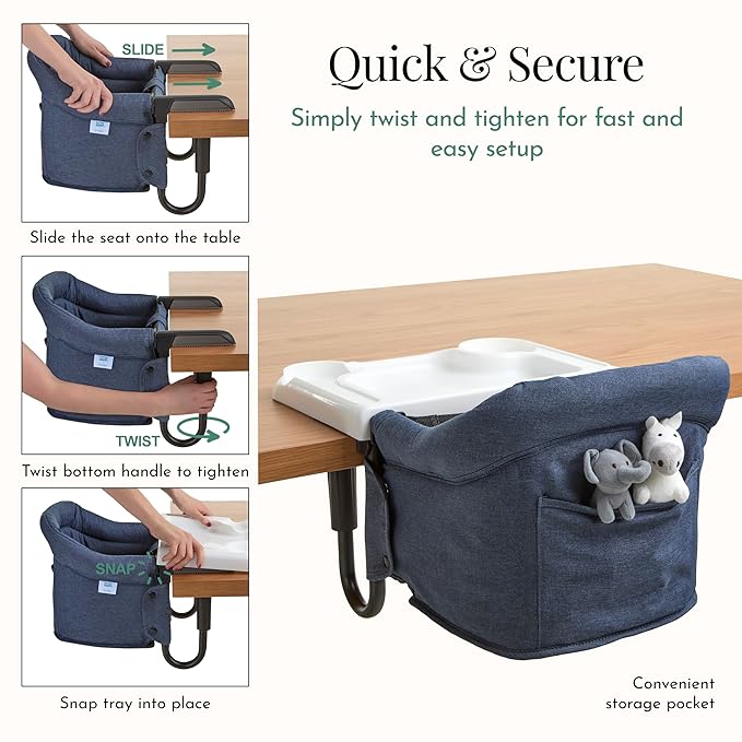 Evolur Clamp-On Comfort Table Chair | Removable & Washable Seat Cover, Dishwasher-Safe Tray, Foldable Design with Carry Bag | Portable High Chair for Babies & Toddlers (6–36 Months)