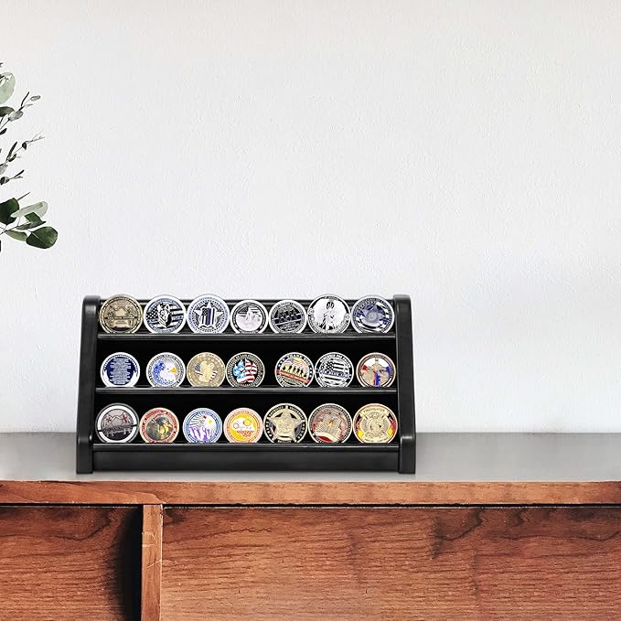3 Rows Military Challenge Coin Display Case Wall Mount Wooden Army Coin Holder Stand Rack, Holds 21-24 Coins, Black