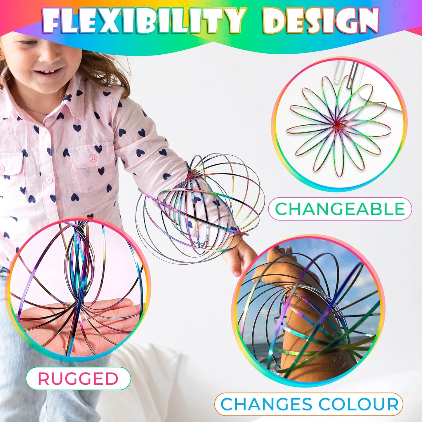 Flow Ring Spinner Ring Arm Toy - 2 Pcs Stainless Steel Spring Toy Metal Sensory Rings Flow Toys Magic Flow Bracelet Spinner Rainbow Toy Rings for Girls - Rainbow Bracelet Metal Geometric Spinning