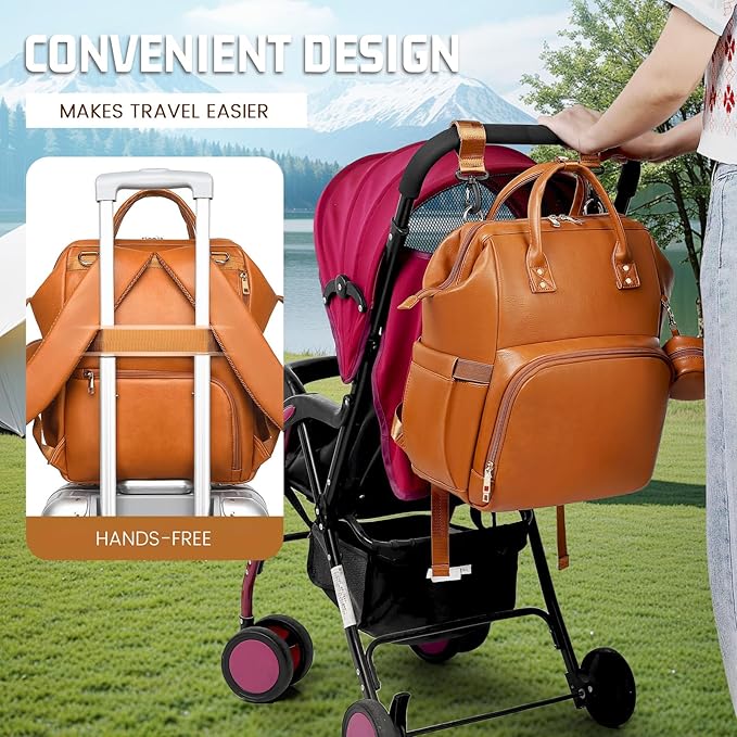 Premium Vegan Leather Diaper Bag Backpack with Waterproof Changing Pad – Reinforced Stitching & Zippers, Baby Bag for Boy Girl, Stroller Straps, Ergonomic Design for Traveling Moms, Brown