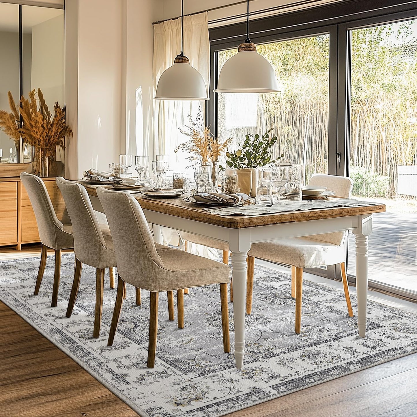 jinchan Vintage Floral 6x9 Area Rugs for Living Room - Machine Washable Distressed Design Stain Resistant Boho Carpet Ultra-Thin Low Pile Non-Slip Rug for Bedroom Dining Room Home Office (6‘x9',Grey)