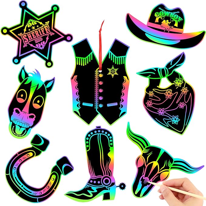 JULMELON 36 PCS Western Crafts, Rainbow Scratch Art Cowboy Rodeo Party Favors DIY Magic Color Scratch Paper Cards for Western Theme Birthday Party Favors School Activities Games
