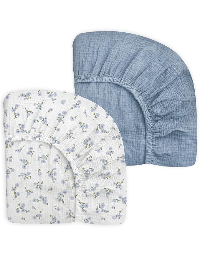 Mini Crib Sheets for Baby Boy Girl 2 Pack, Neutral Mini Crib Mattress Sheet 24" x 38", Muslin Nursery Bedding Soft and Breathable Comfort (Bluebell Bloom & Light Blue)