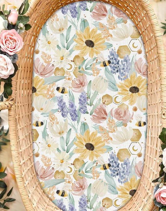 Bassinet Sheets for Baby Girls Boys 2 Pack, Fitted Baby Mattress Sheet for Rectangle, Oval, Hourglass Bassinet Mattress, Breathable Cozy & Universal Fit (Rusty Garden)