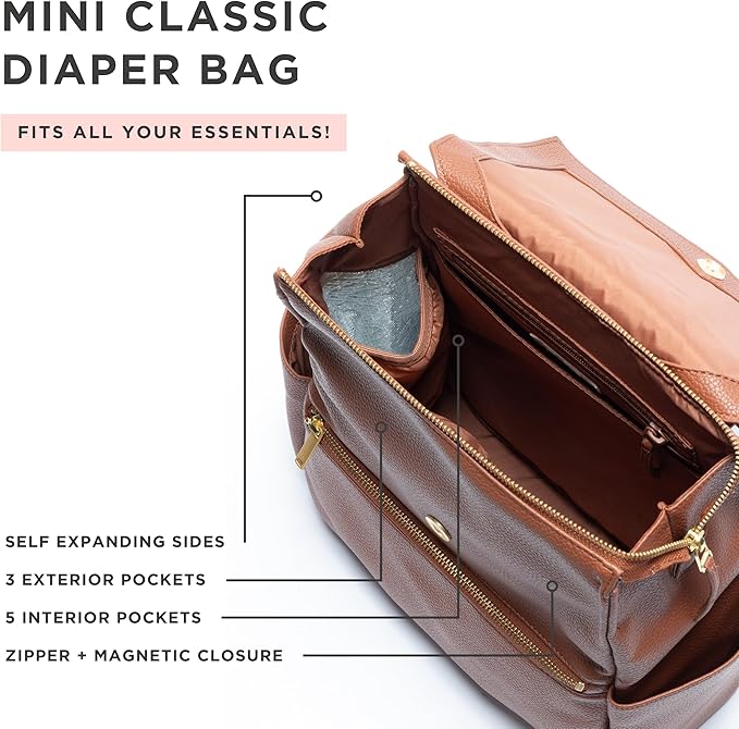 Freshly Picked Mini Classic Diaper Bag Backpack, Wipeable Vegan Leather, 8 Pockets Total (Cognac)