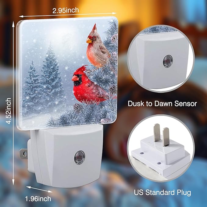 Red Birds Night Light Winter Cardinal Birds Plug in Night Lights LED Lamp with Dusk to Dawn Sensor Auto Energy Saving Square Lights for Bedroom Bathroom Hallway Home Wall Decor Nightlight