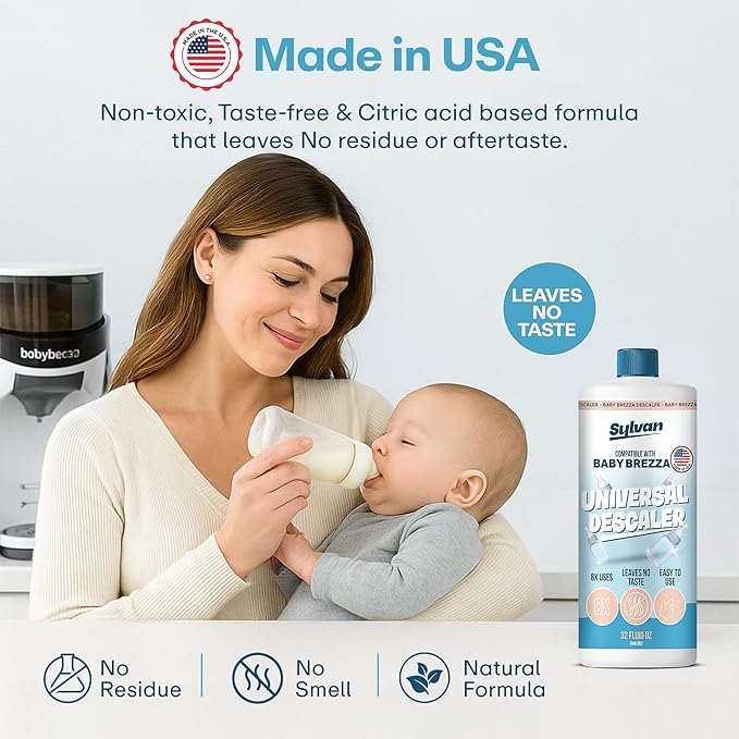 Descaler Compatible with Baby Brezza Machines | 32 Oz | 12 Month Supply | US Made | Free Cleaning Cloth | Descaling Solution Compatible with Baby Appliances | Cleans & Descales