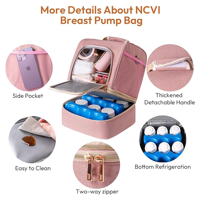 NCVI Breast Pump Bag, Double Layer Removable Pump Bag for Spectra S1, S2, Medela, Breast Pump Backpack with Ice Pack, Insulated Breast Milk Cooler Bag for Working Nursing Moms, Pink