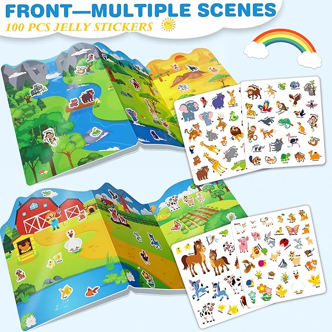 Jelly Stiicker Books Set for Kids Travel Essentials, Reusable Sticker Books for Toddler, Restickable Sticker Book Tdddler Travel Toys for Kids, Safari, Farm, Ocean, Vehicles