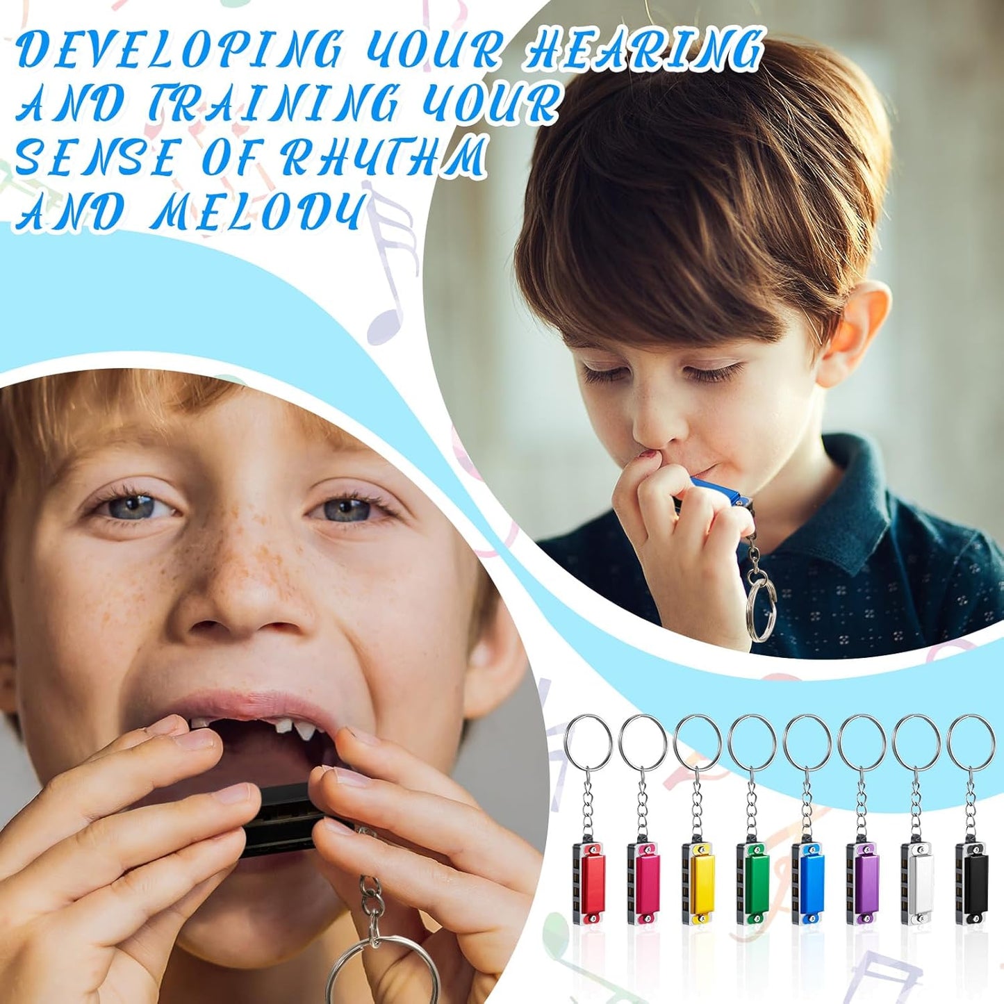 Ecally 16 Pcs Mini Harmonica Keychain for Kids Operation Christmas Favors Portable Wind Instruments 4 Holes 8 Tunes Harmonica Music Party Favors Cute Music Keychain Accessory (Multicolor)