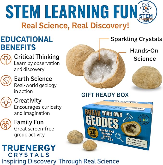 Break Your Own Geodes Kit for Kids – 20 Natural Geodes (1.0–1.5”) with Magnifying Glass & Learning Guide – STEM Science Rock Kit for Kids Ages 6–12 – Educational Gift for Classrooms & Parties