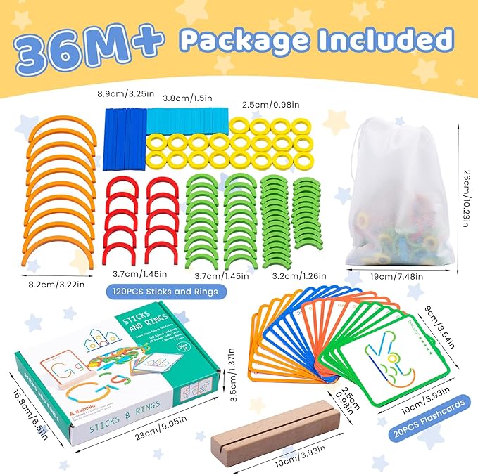 142pcs Wooden Pattern Blocks Shape Puzzles Sticks & Rings Wooden Tangram Puzzle Stem Preschool Brain Teaser Montessori Toys Gift for 3 4 5 Years Old Activity Kids Boy Girl