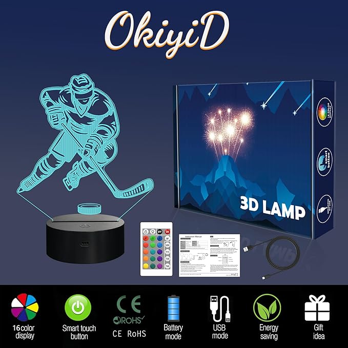 Hockey Gifts for Boy, 3D Illusion Lamp, 3D Hockey Night Light with 16 Colors Remote and Touch Control, Ice Hockey Decor for Kids Room, Boys Girls Birthday Gifts, FS-2810-9999