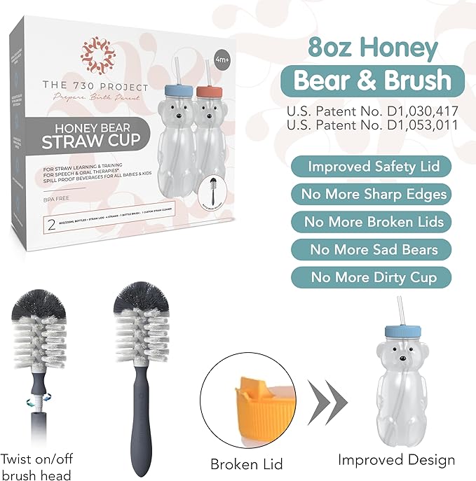 Honey Bear Straw Cup for Babies, 8oz Honey BearCup with Bottle Brush, 2-Pack Improved Lid Therapy Learning Honeybear Straw Cup for Baby, Cherry Blossom & Unicorn