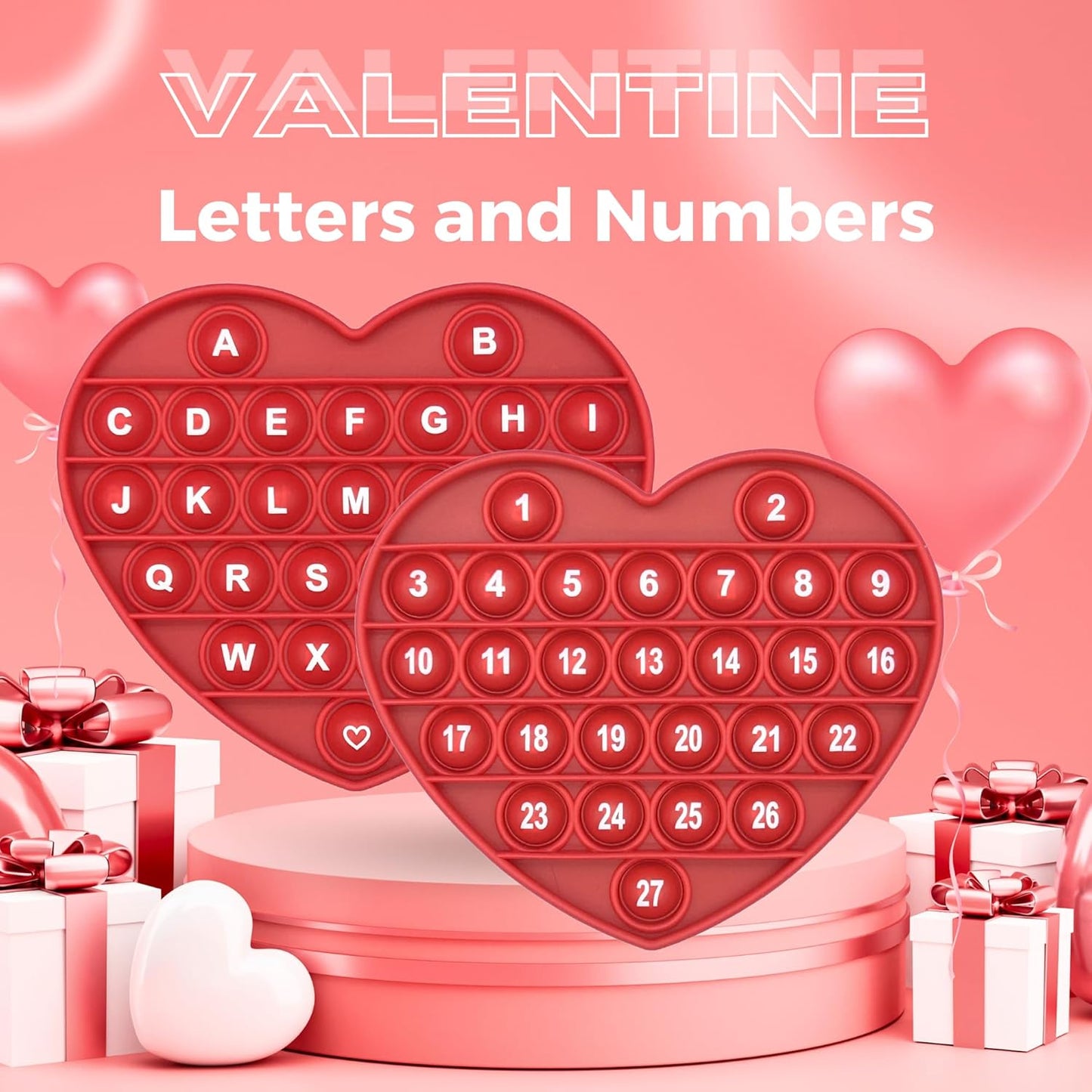 Red Heart Shaped Pop Bubble Valentines Fidget Toy with Letters and Numbers, Xmas Gift Sensory Toy with Alphabets Kids Birthday Party Classroom Prize Stress Reliever