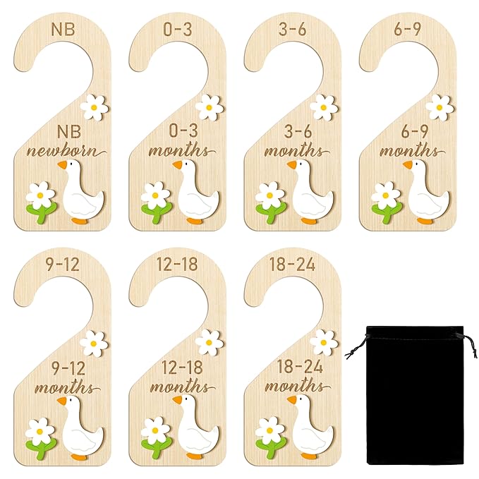 R HORSE Wooden Baby Closet Dividers - 3D White Goose Baby Closet Organizer, 8Pcs Double-Sided Cute Goose Newborn Clothes Size Hanger Dividers, Nursery Decor Birthday Gift for Boy Girl (0-24 Months)