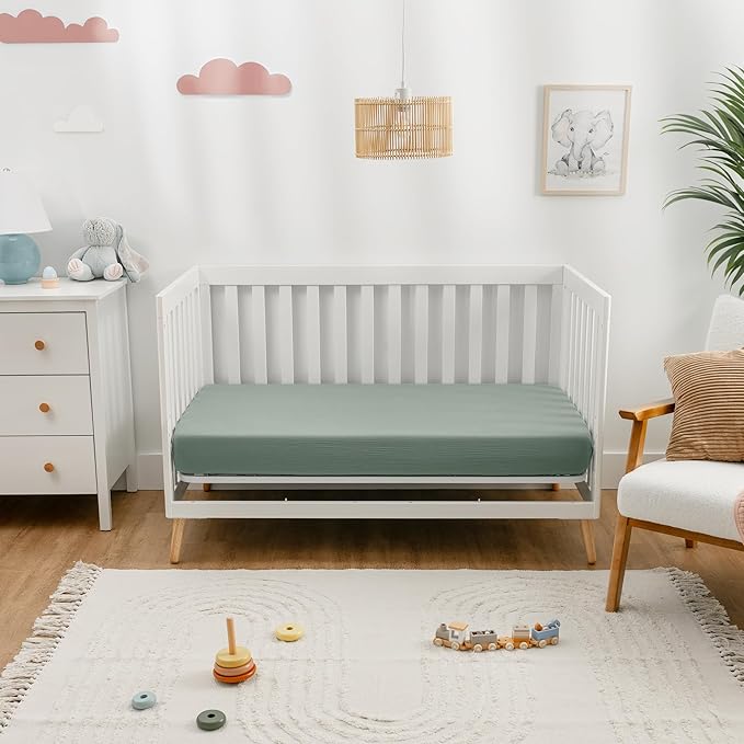 Comfy Cubs 100% Muslin Cotton Fitted Crib Sheet - Soft, Standard & Breathable Crib Sheets for Toddler Mattress - Snug Fit, Secure Elastic with Beautiful Packaging for Boys & Girls - Fern