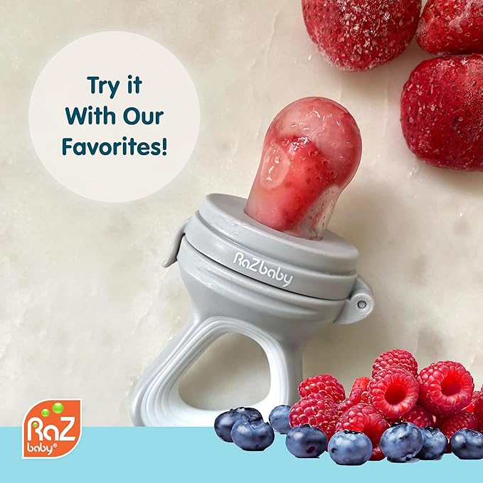 RaZbaby Baby Solids/Frozen Fruit Feeder Pacifier, Infant Teether Toy 6M+, BPA-Free Silicone Pouch & Nipple, Safely Introduce Solids, Natural Teething Relief, Dishwasher Safe, Freezable – Tan/White