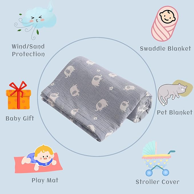 NTBAY 3 Layer Oversized Muslin Cotton Toddler Blanket, Jacquard Reversible Nursery Bed Blanket, Super Soft and Thermal for All Seasons, Baby Gift, 45"x60", Blue Elephant