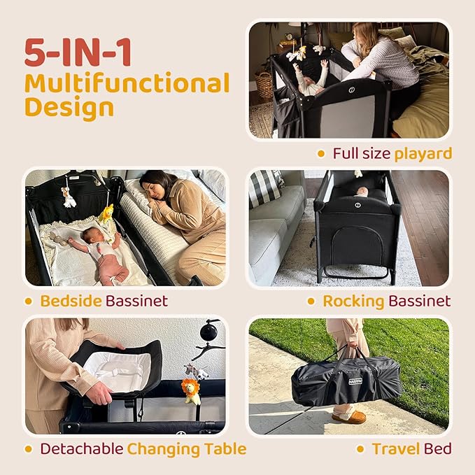 HARPPA Pack and Play 5 in 1, Portable Baby Playard for Travel, Baby Bassinet Bedside Sleeper with Mattress, Rolling Bassinet for Infant, Pack n Play with Changing Table, Bed Crib(Black)