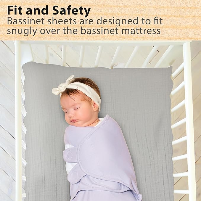 3 Pack Organic Muslin Bedside Bassinet Sheets Compatible with Mika Micky, Baby Delight, Dream On Me, AMKE and Other Bassinet Pads Size Between 17-21 in Width, 29-33 in Length, and 1.5-4 in Thick