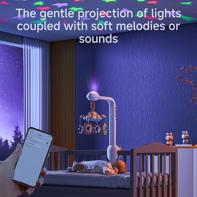 Tumama Baby Crib Mobile with Projection Night Light, Music and White Noise, Soft Plush Mirror Hanging Toys, Mute Spin Motor Nursery Toys for Infant 0-3, 6-9 Month Newborn Xmas Gift (Clouds)