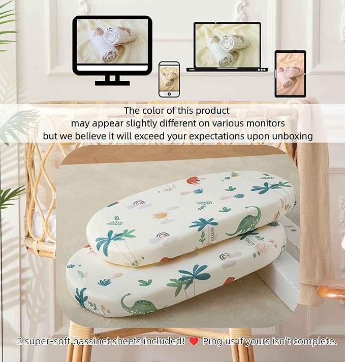 SDY Dinosaur Baby Bassinet Sheets Set 2 Pack for Boys Girls，Elastic Travel Crib Fashionable Floral Pattern, Standard Cradle Safe Sheets Set 32 * 16 * 4 inches (Dino)