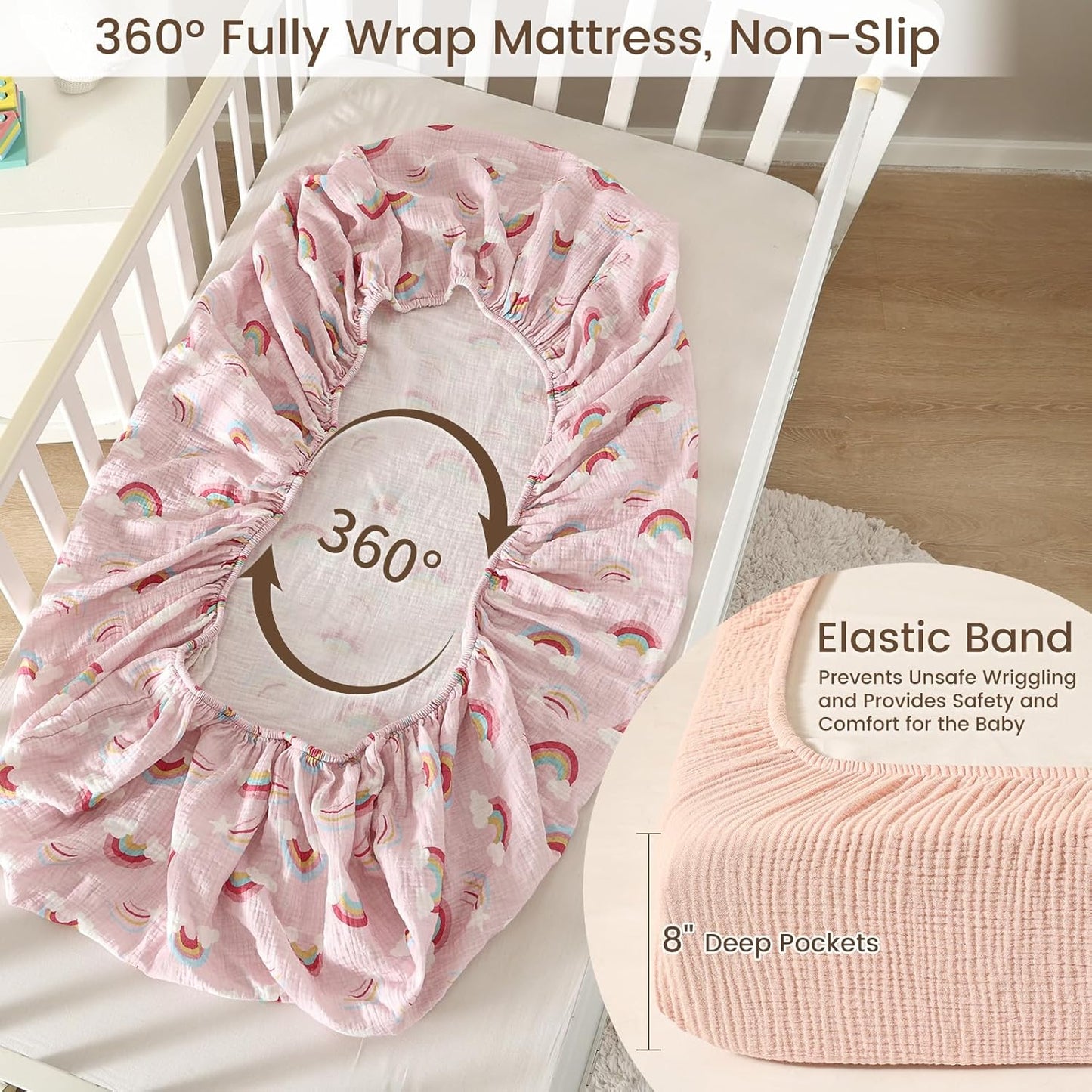 david's kids Muslin Crib Sheets for Boys Girls, 2 Pack 100% Cotton Soft Breathable Fitted Baby Sheet Set, 28x52 Inch Fits Standard Crib and Toddler Mattresses, Rainbow