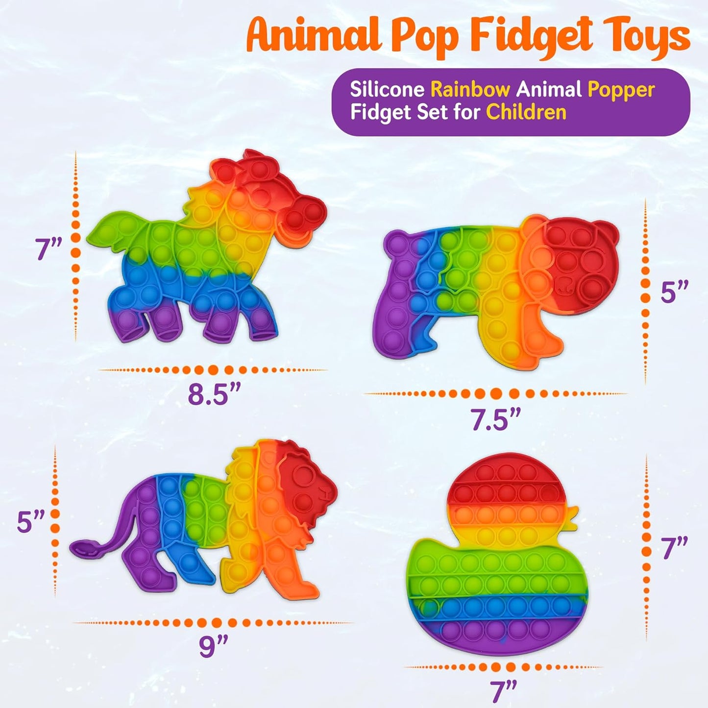 Animals Pop Fidget Toys Set, Silicone Rainbow Dinosaur Popper Fidget Set for Children, Sensory Squeeze Toys Stress Reliever Tool for Kids Adult ADHD Lion, Tiger, Horse and Duck 4 Pack