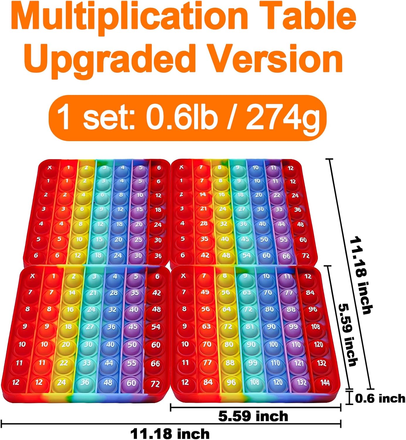 Multiplication Chart Math Games Pop Fidget Toys Counting Popper Board Stress Reliever Gifts for Kids ADHD Popping Game to Practice Times Math Ability Early Education with Card(12x12 Rainbow)