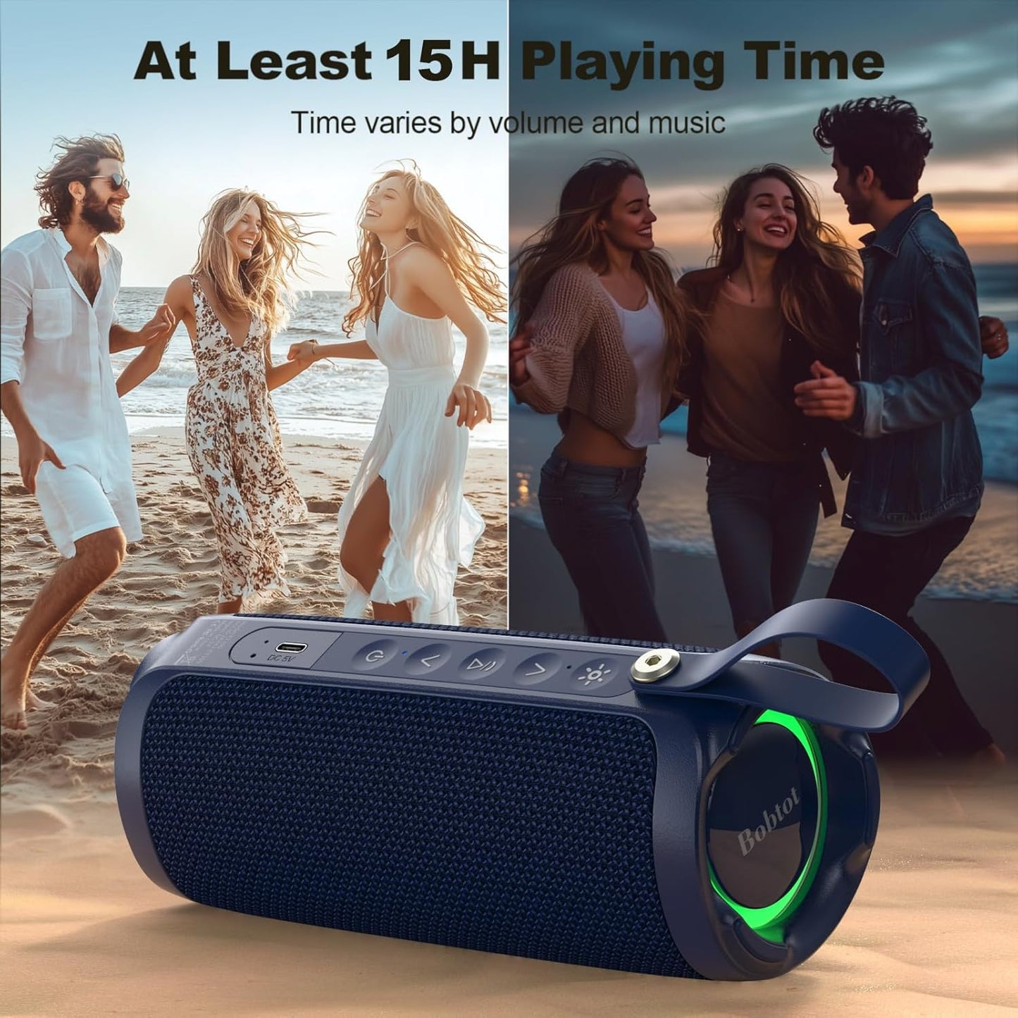 Bobtot Portable Bluetooth Speaker, IPX6 Waterproof Speaker with Punchy Bass, 15W Loud Sound, RGB, 15H Playtime, Dual Pairing for Party, Camping, Beach, Blue