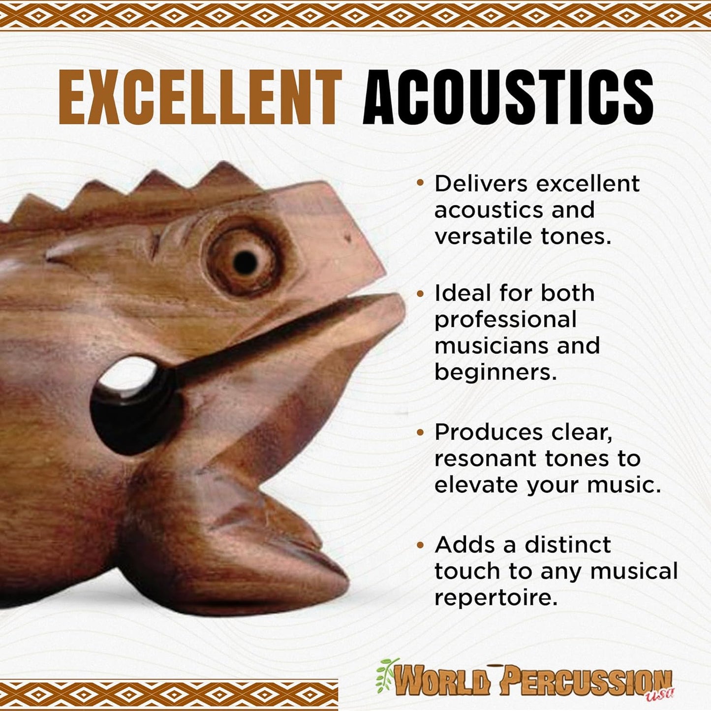 Deluxe Medium 4” Wood Frog Guiro Rasp - Percussion Musical Instrument Tone Block - Wooden Instrument with Stick, Frog Noise Maker by World Percussion USA