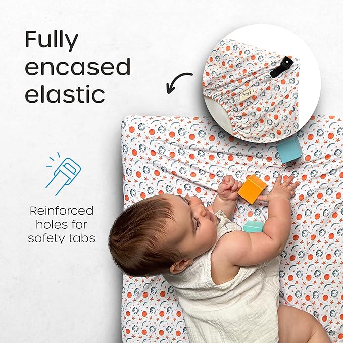 Quiggly Travel Crib Sheets for Guava Lotus, 2 Pack Organic Cotton Jersey Knit, Space, Planet & Star Patterns - Fits Travel Crib Mattress for Boys & Girls