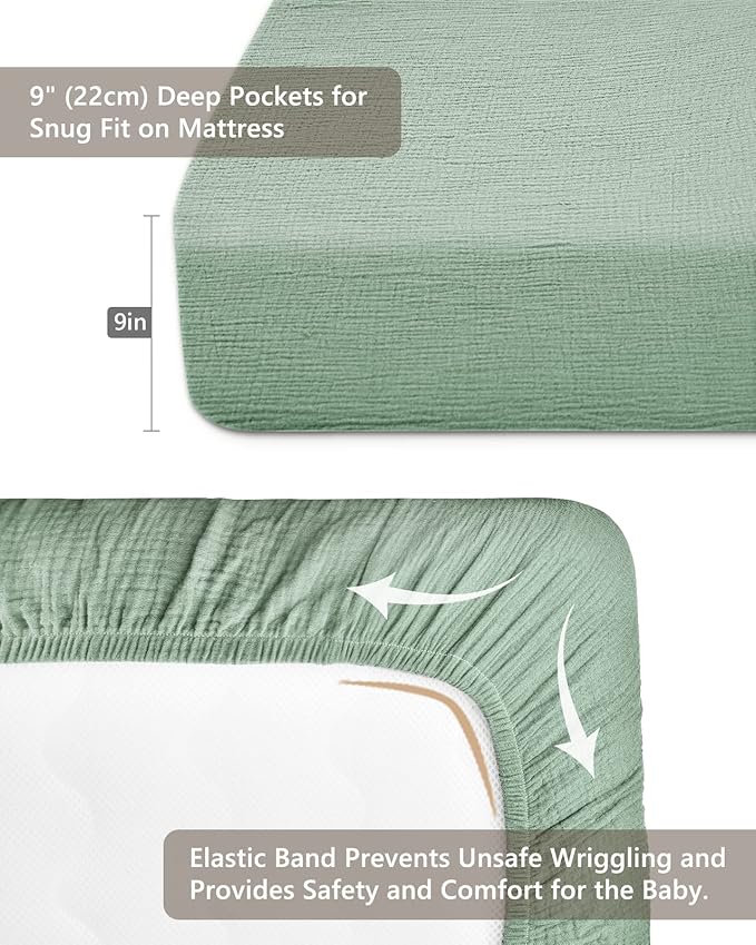 Crib Sheets for Boys Girl, Fitted Baby Toddler Bed Sheets 28" x 52", Neutral Muslin Cotton Crib Mattress Bedding Soft and Breathable Comfort (Sage)