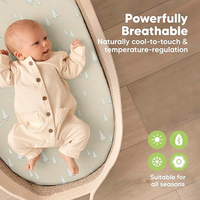 2-Pack Baby Bassinet Sheets Girl, Boy - 33x17 Viscose Derived from Bamboo Bedside Mattress Fitted Bassinet Sheets, Compatible with Halo Bassinest Swivel Sleeper, Baby Delight, Graco (Pine Grove)