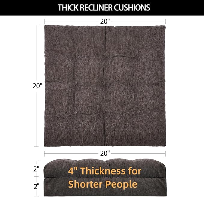 HAVARGO Recliner Cushions for Elderly, 20x20x4 Inch Thick Chair Cushion for Shorter Users Patent Design Soft Tufted Dual Layer Booster Seat Cushions for Seniors Recliner Risers Taupe 1P