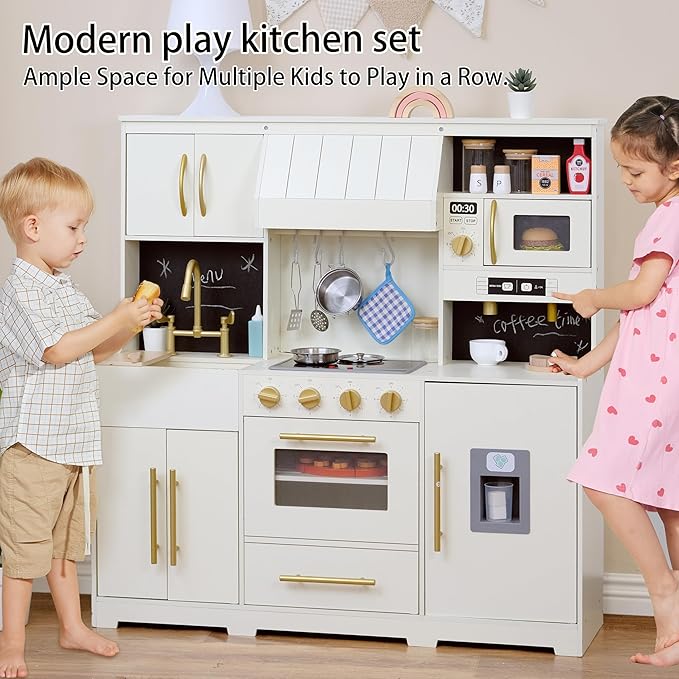 Play Kitchen for Kids with Various Interactive Toddler Kitchen Play Features and 19 Pcs Pretend Wooden Kids Kitchen playset Accessories, Toy Kitchen Set for Boys and Girls Ages 3+