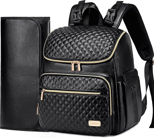 Weitars Diaper Bag Backpack Leather Baby Diaper Bag with Changing Pad Travel Diaper Backpack,Baby Bag for Mom,Stroller Straps,5 Insulated Pockets (Black Leather)