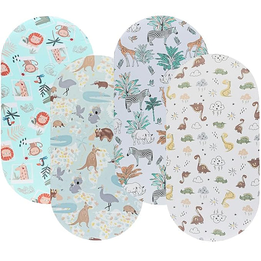 Onacosht Bassinet Sheets for Baby Boy and Girl, Stretchy Breathable Fitted Sheet Universal for Bassinet Cradle Hourglass Oval Rectangle Pad/Mattress, 4 Pack Woodland Animal Printing