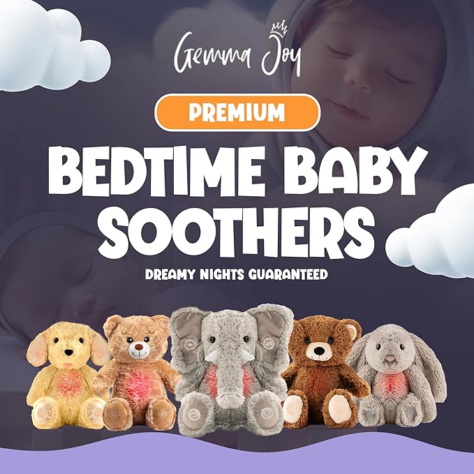 Gemma Joy Bedtime Baby Soothers for Sleep, Cry Activated Heartbeat Stuffed Animal for Baby, Newborn, Calming Light, Lullaby Music, White Noise, Shush and Mother’s Heartbeat - (Elephant, Rechargeable)