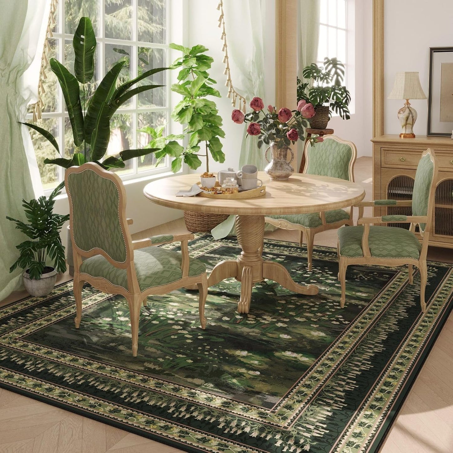5x7 Area Rugs Impressionist-Style Vintage Washable Area Rug Non Slip Low Pile Large Rugs for Living Room Bedroom Farmhouse Dining Room Kids Playroom, Green