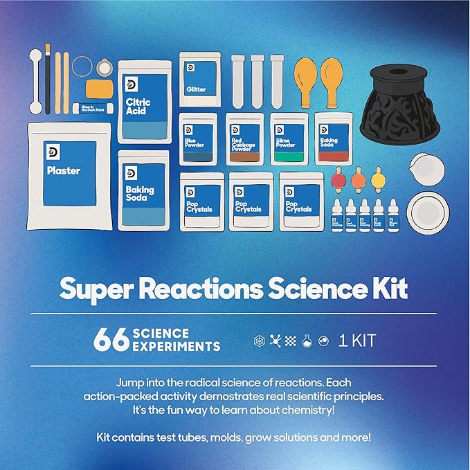 Discovery™ Super Reactions Science Kit – 66 Experiments STEM Lab for Kids| Includes Chemistry Tools, Volcano Mold, Slime, Reactions & Explosions|Educational Learning Toy|DIY Activity Set Gift| Ages 8+