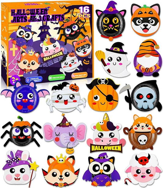 16 Pack Arts and Crafts for Kids, Toddler Crafts Animal Paper Plate Art Kit Gift for 3 4 5 6 Year Old Boys Girls DIY Kids for Birthday Party Favor Preschool Classroom Party Games (Halloween)