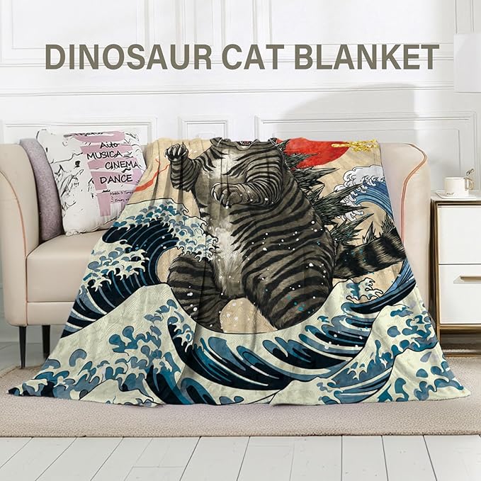 Anime Cat Blanket for Lover, Japanese Funny Cat Blanket 50"*60", Cat Gifts for Women Men Cats Lovers, Kitten Blanket, Funny Vintage Cat Art, Japanese Sunset