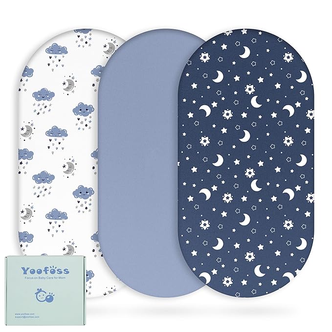 Yoofoss Bassinet Sheets for Baby,3-Pack Fitted Bassinet Sheets Set Compatible with Halo Bassinest Swivel Sleeper,Baby Delight,Angelbliss,Soft Breathable Bassinet Mattress Sheets(Blue+Cloud)
