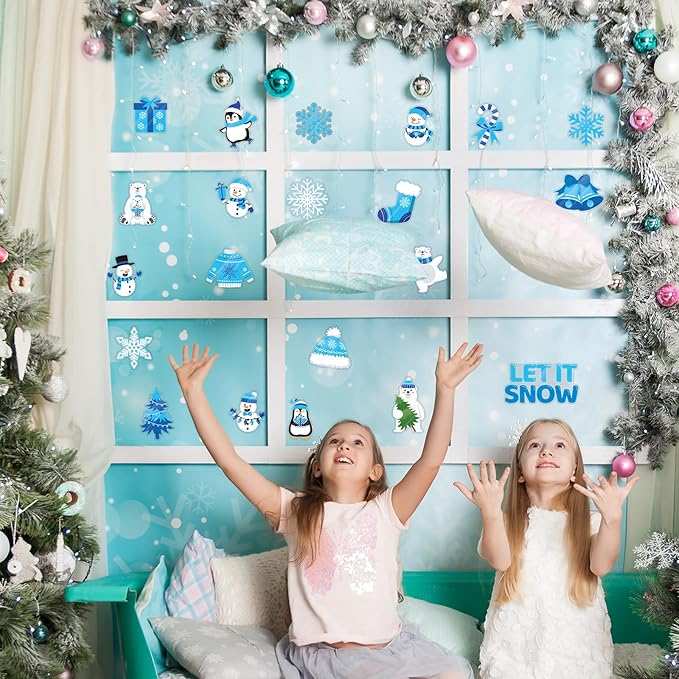 MARFOREVER 50 PCS Winter Gel Window Clings, Reusable Snowman Penguin Snowflake Thick Gel Clings Decals for Christmas Kids Gift Toddlers Classroom Xmas Party Supplies Window Glass Decoration