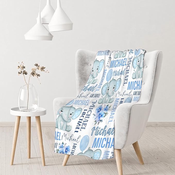 Personalized Baby Blanket for Girls Boys Kids Elephant Custom Baby Blanket with Name Throw Birthday Gift for Toddlers Infants Shower Newborns Nursery Stroller Crib Bed Decor