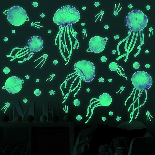 Starry Sky Jellyfish Wall Sticker Glow in The Dark Wall Stickers Stars Fluorescent Green Luminous Wall Decals DIY Peel Stick Art Decor for Walls Ceiling Kids Bedroom Living Room Nursery Girls and Boys(Green)